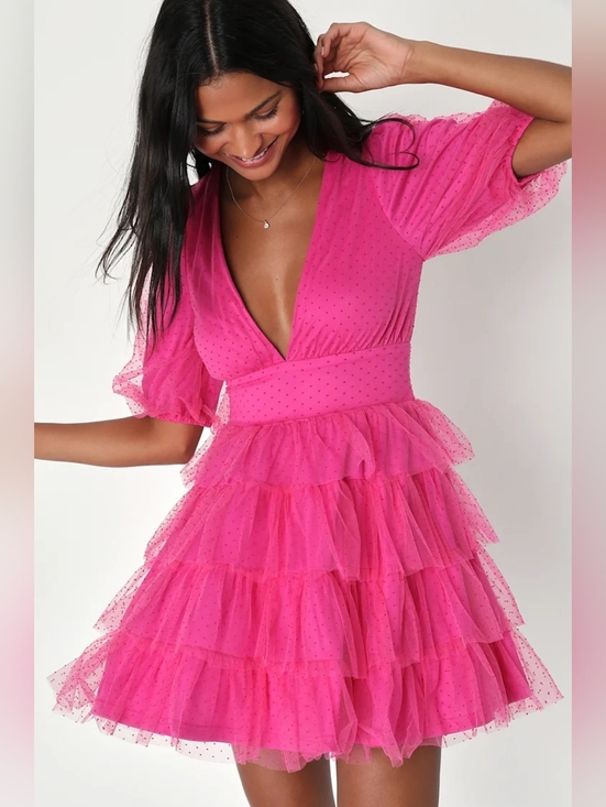 Lulus Dresses & Skirts - Lulus Dramatic Poise Hot Pink Dot Tulle Puff Sleeve Tiered Mini Dress SZ Large